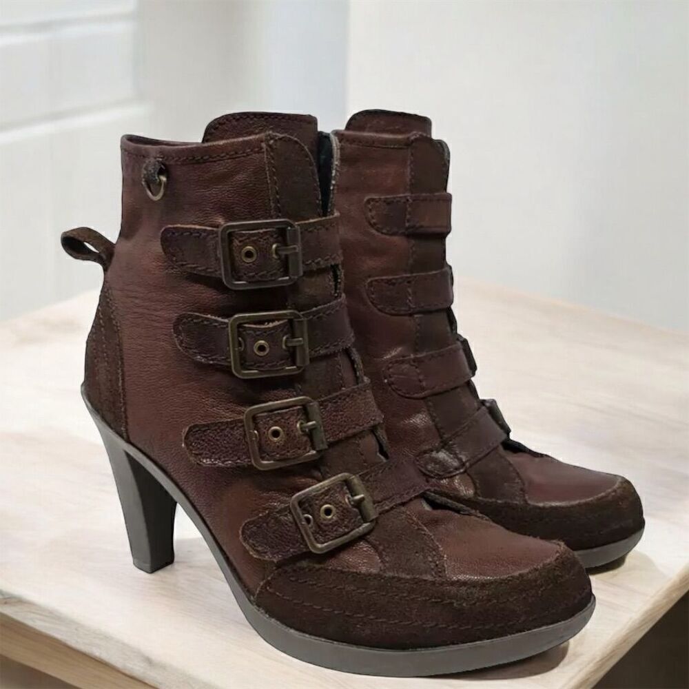 Jump For The People Safari Brown Leather Ankle Boots Buckle Strap 3.5" Heel